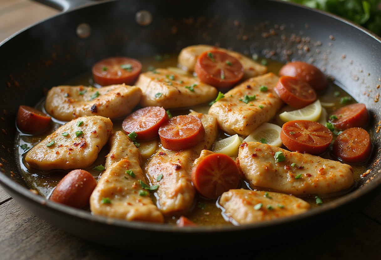 Aiguillettes de poulet en train de cuire avec du chorizo pour une sauce crémeuse délicieuse.