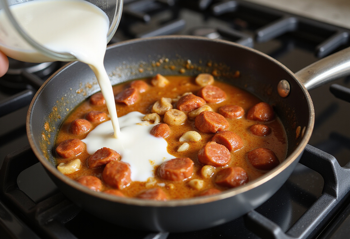 Préparation de la sauce crémeuse au chorizo pour assaisonner les aiguillettes de poulet.