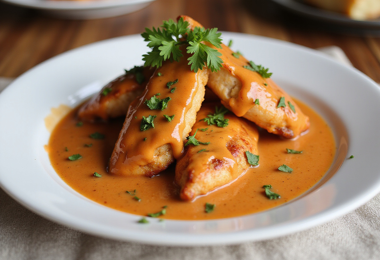 Présentation des aiguillettes de poulet avec sauce crémeuse au chorizo prête à servir.