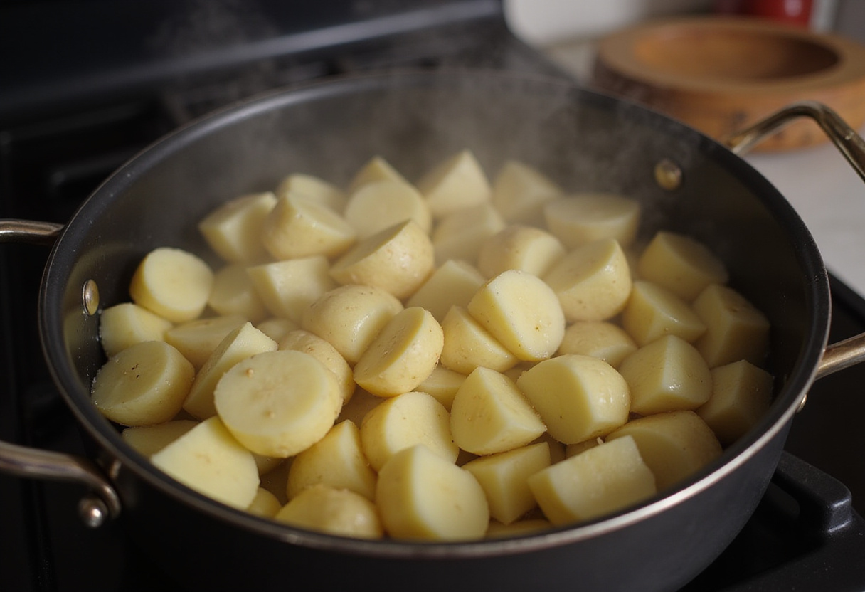 Pommes de terre pelées et coupées en train de bouillir pour l'aligot maison, une purée de pommes de terre crémeuse.
