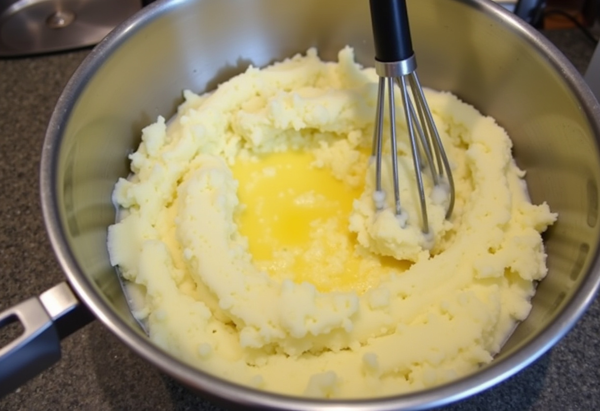 Purée de pommes de terre préparée avec de la crème et du beurre pour l'aligot maison, un délicieux plat de fromage fondant.