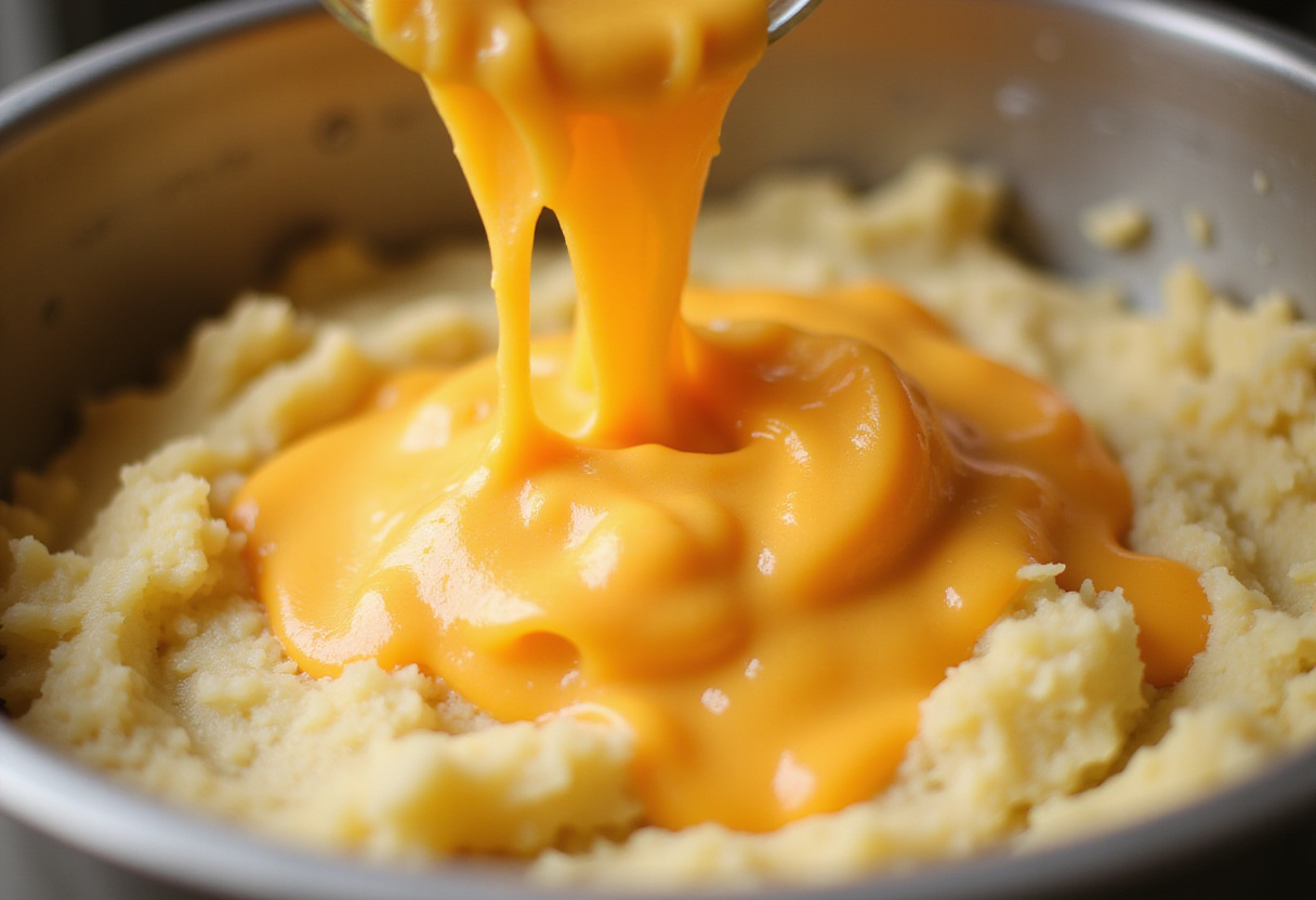 Fromage fondu incorporé dans la purée de pommes de terre pour l'aligot maison, créant une texture de fromage fondant luxuriante.