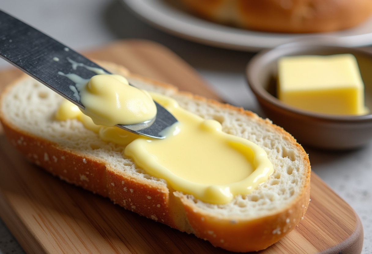 Étalage de beurre sur une baguette pour un sandwich baguette jambon-beurre parfait.
