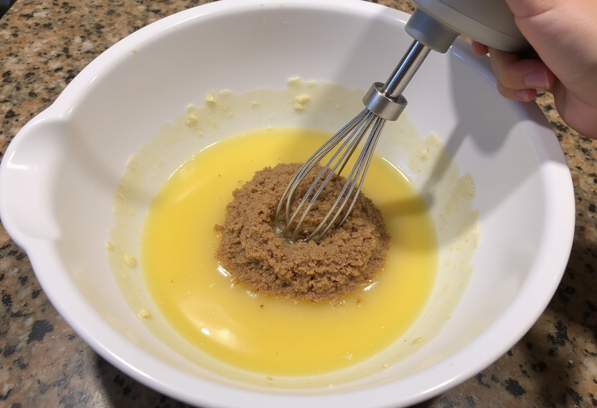 Mélange de beurre fondu et de sucre brun pour biscuits moelleux aux flocons d'avoine.