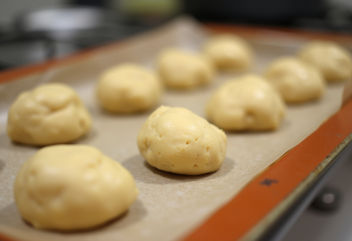 Boules de pâte à biscuits aux flocons d'avoine prêtes pour la cuisson sur une plaque.