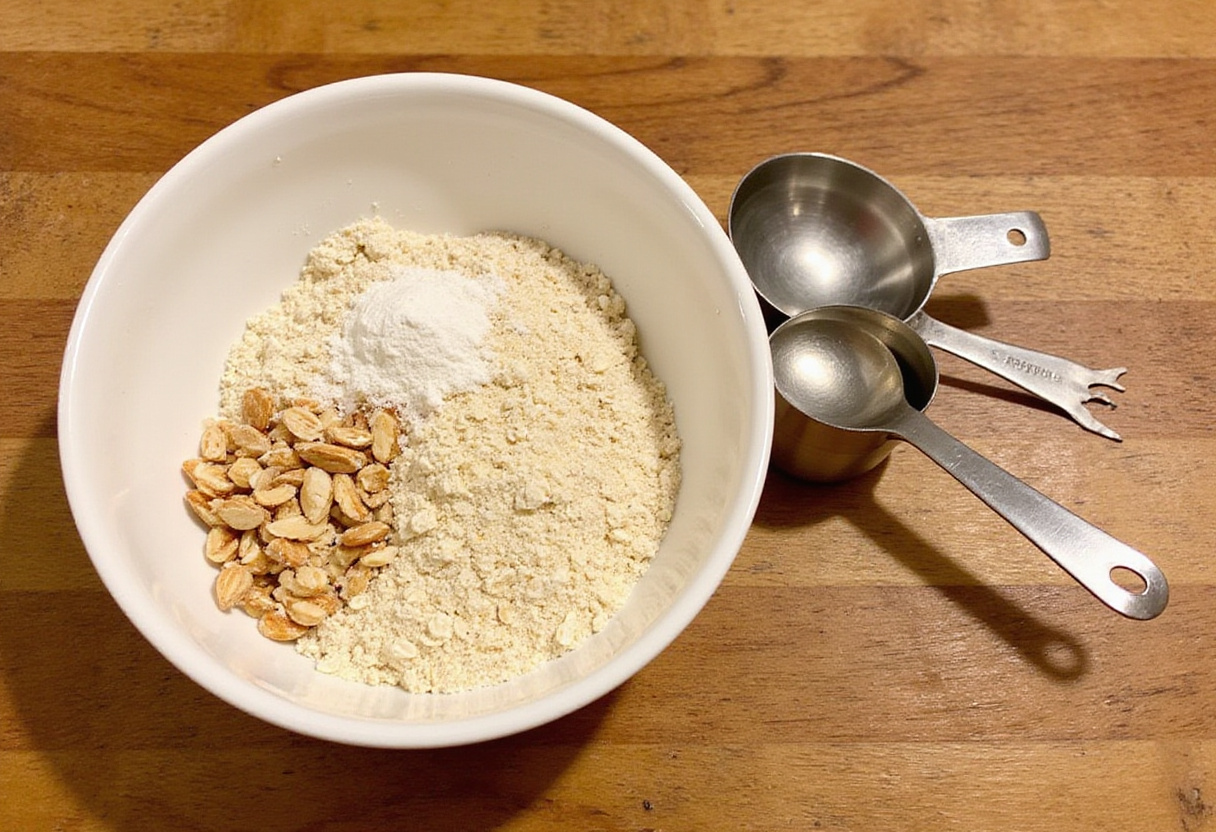 Ingrédients pour la recette de biscuits aux flocons d'avoine préparés dans un bol en bois.