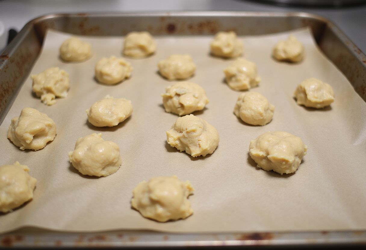 Pâte à biscuits aux flocons d'avoine en forme de petites boules sur une plaque de cuisson.