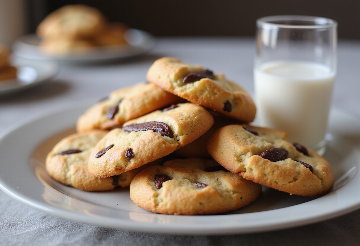 Biscuits avoine et chocolat fraîchement cuits, délicieux biscuits maison servis avec un verre de lait.