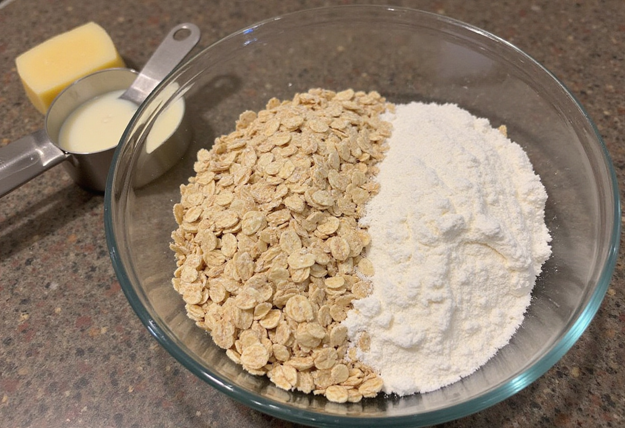 Ingrédients pour biscuits avoine et chocolat dans un bol, préparation de la recette de biscuits maison.