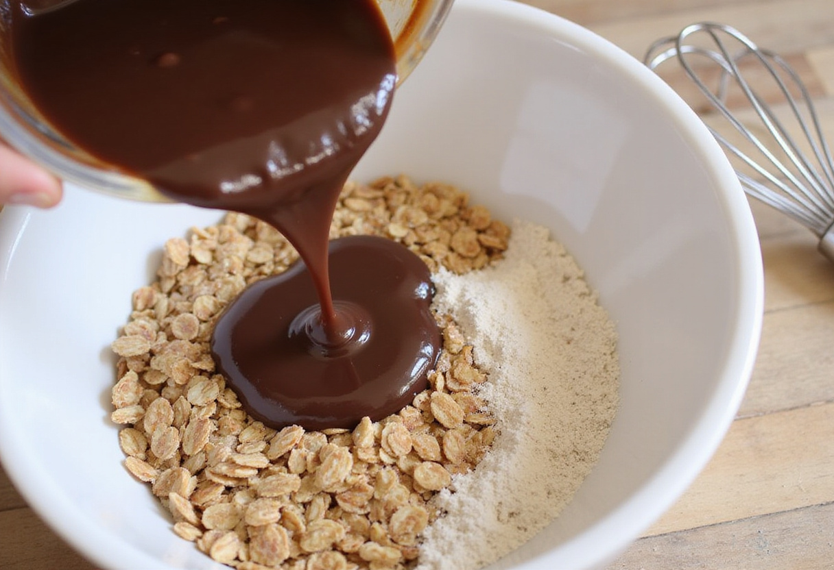 Mélange de chocolat fondu ajouté aux ingrédients de biscuits sains, étape clé de la recette de biscuits.