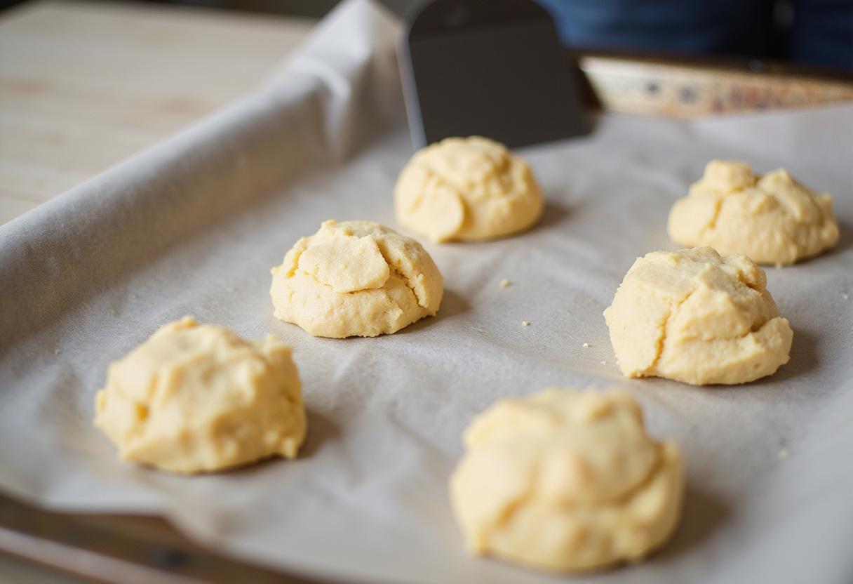 Dollops de pâte à biscuits avoine et chocolat sur une plaque de cuisson, prête à être cuite.