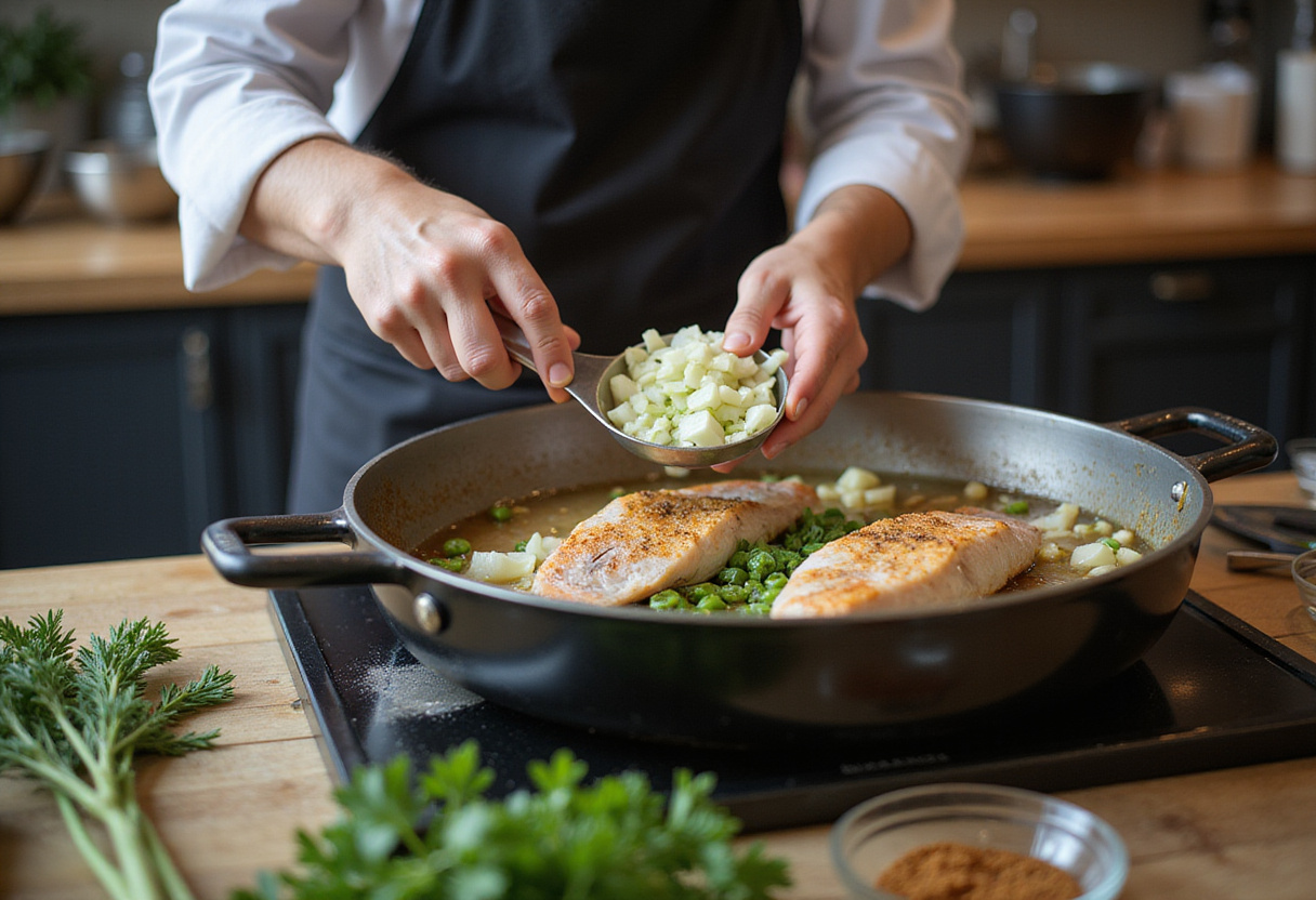 Ajout d'oignons et de poireaux pour la recette de blanquette de poissons.