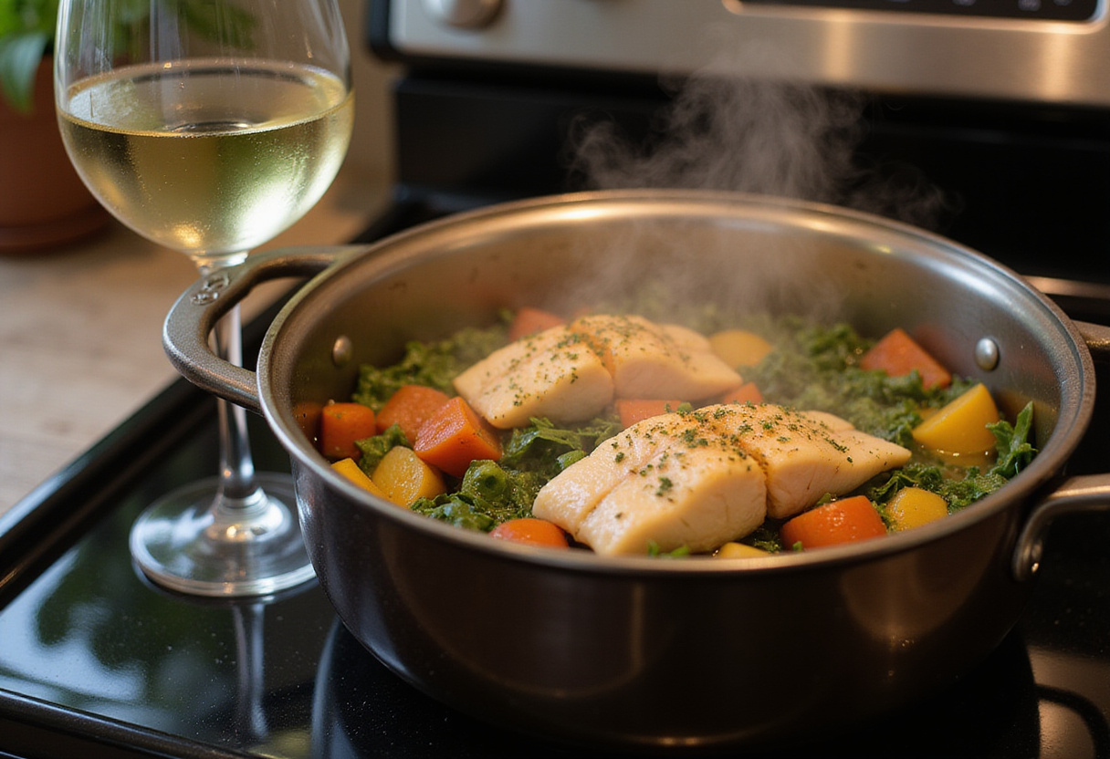 Mijotage de la blanquette de poissons avec des légumes et du vin blanc.