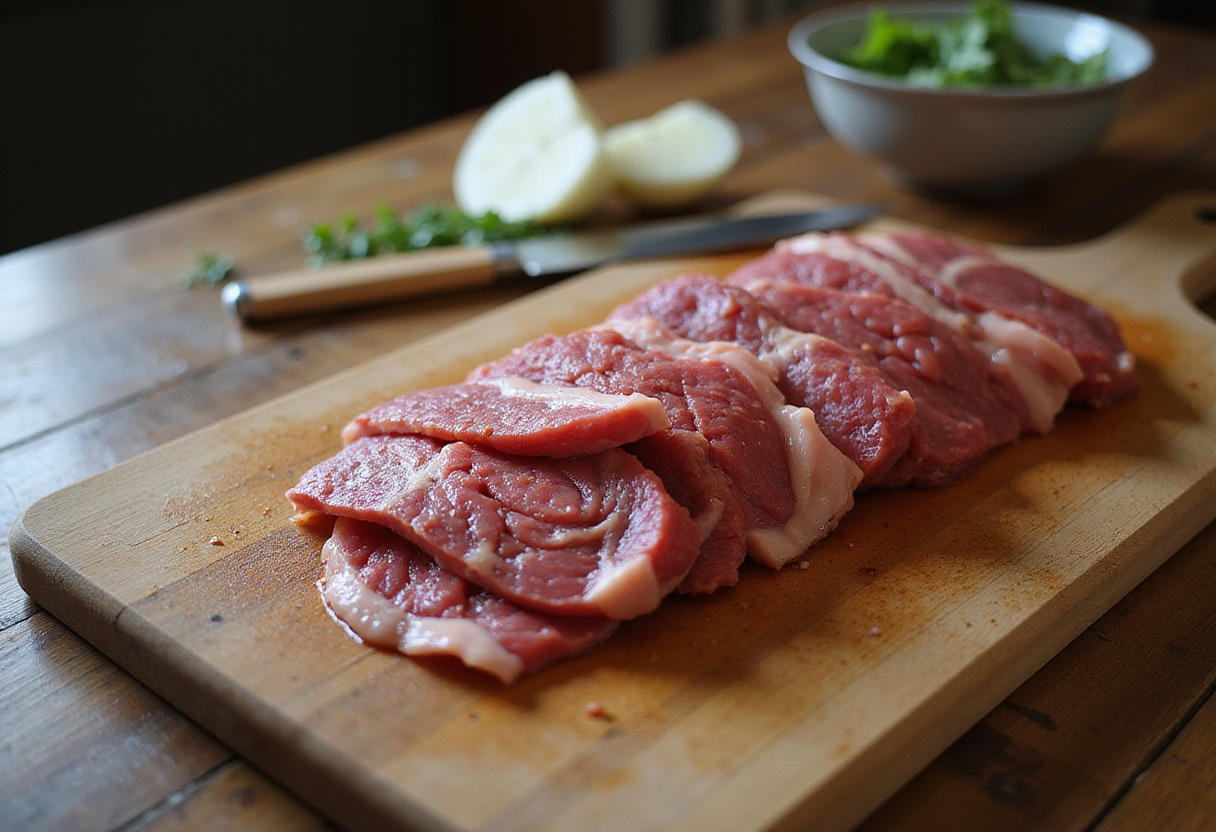 Tranches de bœuf sur une planche à découper pour la recette de bœuf sauté.