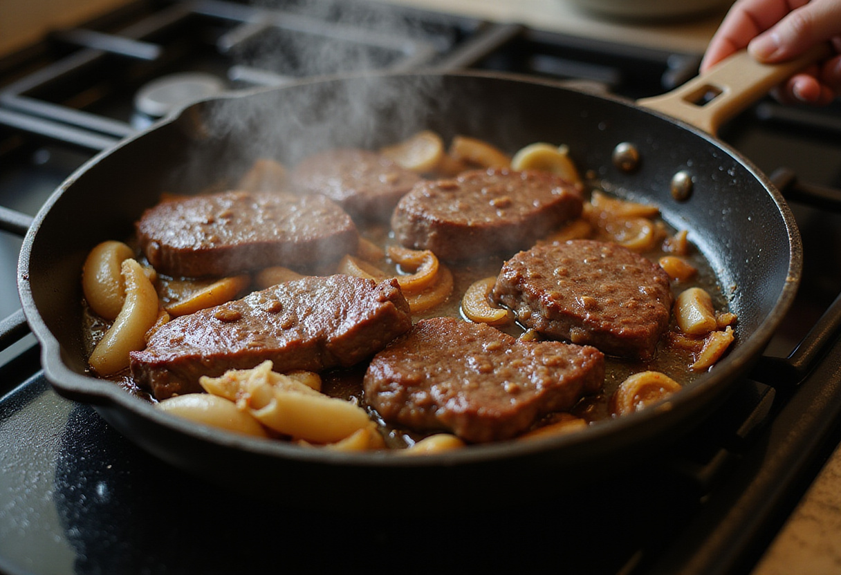 Bœuf sauté aux oignons en train de cuire dans une poêle pour une recette de bœuf sauté rapide.