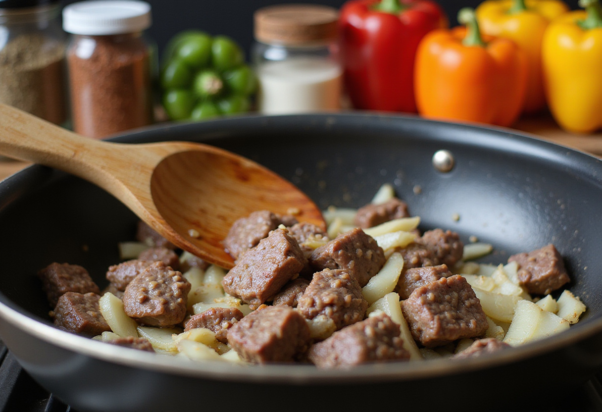 Mélange de bœuf sauté aux oignons et poivrons dans une poêle pour un plat de bœuf savoureux.