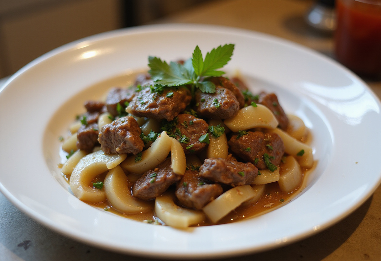 Bœuf sauté aux oignons prêt à être servi, illustrant la recette de bœuf sauté savoureuse.