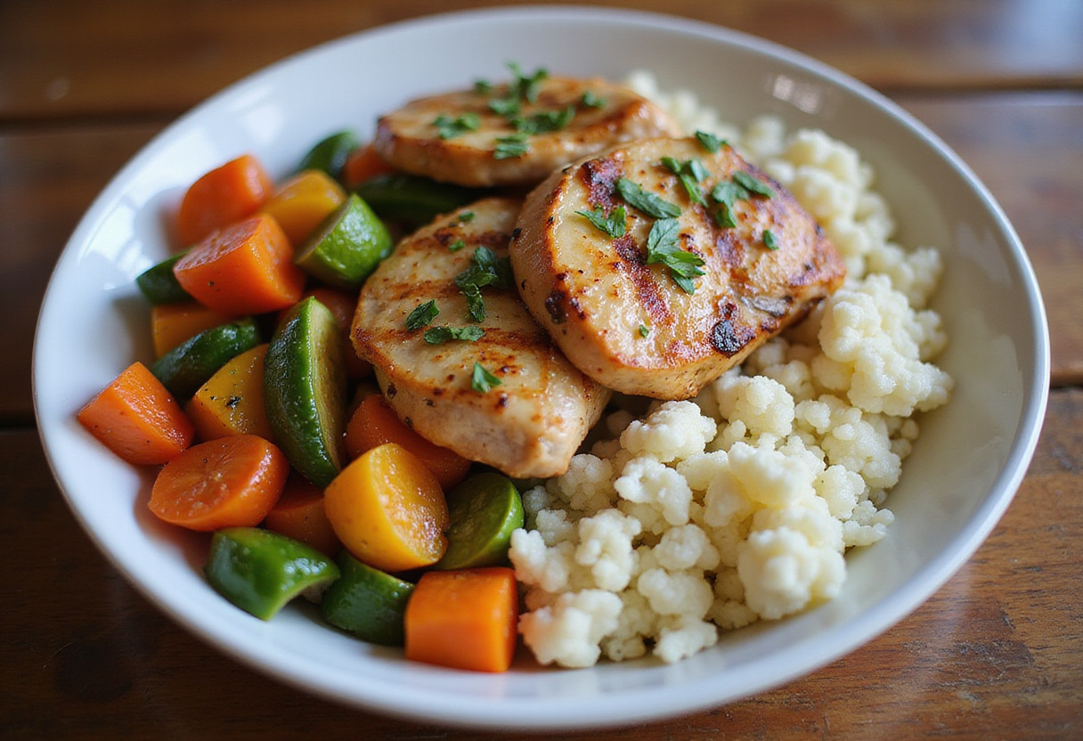 Finished bol de poulet grillé avec riz de chou-fleur et légumes, un repas rapide et sain.