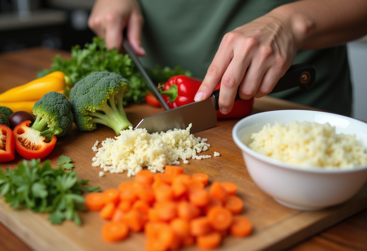 Fresh vegetables being chopped for bol de poulet grillé, riz de chou-fleur et légumes, un repas rapide et sain.
