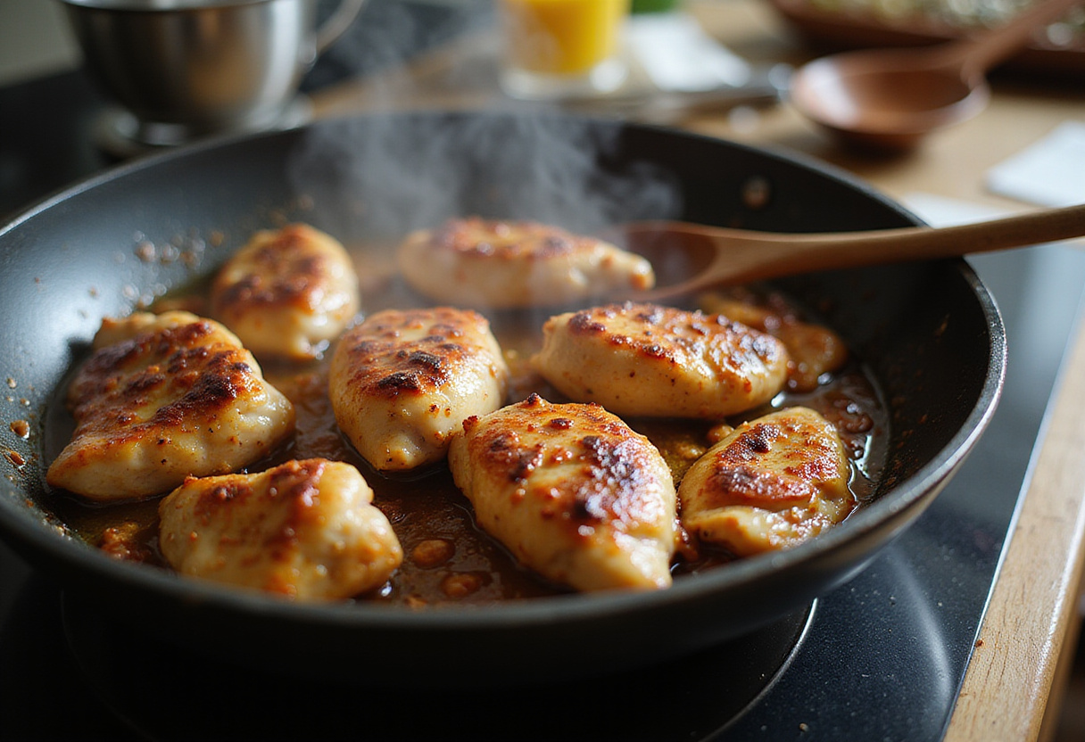 Chicken being grilled in a skillet for bol de poulet grillé, riz de chou-fleur et légumes, un repas rapide et sain.