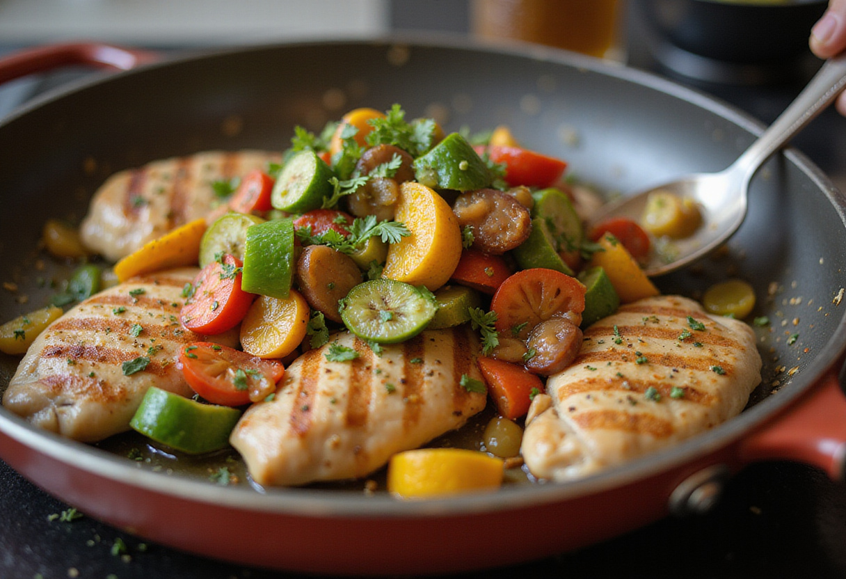Sautéed vegetables mixed with grilled chicken for bol de poulet grillé, riz de chou-fleur et légumes, un repas rapide et sain.