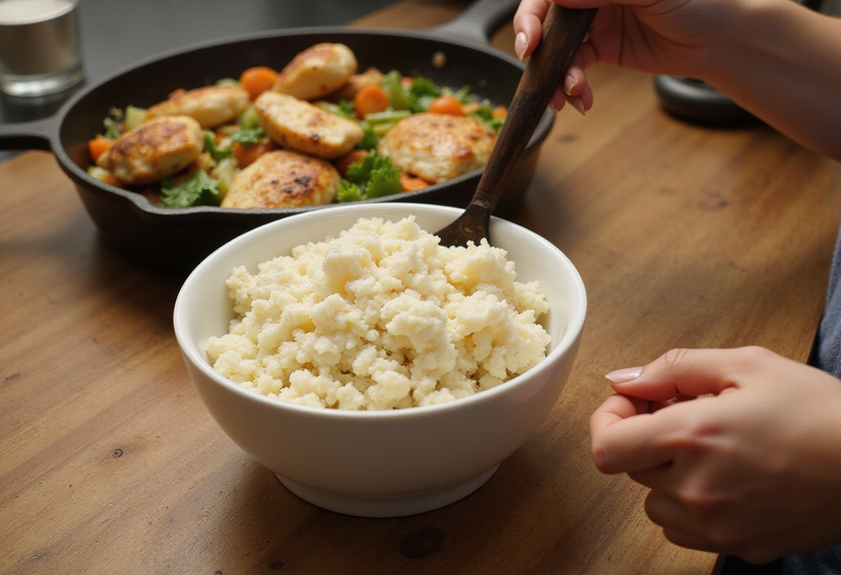 Cauliflower rice being prepared for bol de poulet grillé, riz de chou-fleur et légumes, un repas rapide et sain.