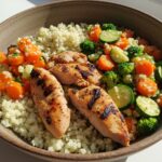 Delicious bol poulet grillé served in a bowl, featuring cauliflower rice and vegetables, a healthy quick meal.
