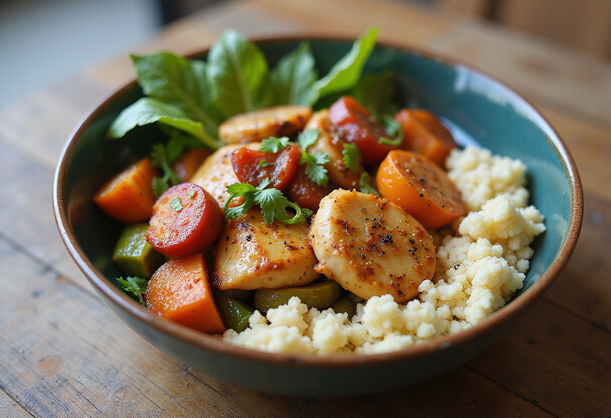 Delicious bol poulet grillé served in a bowl, featuring cauliflower rice and vegetables, a healthy quick meal.