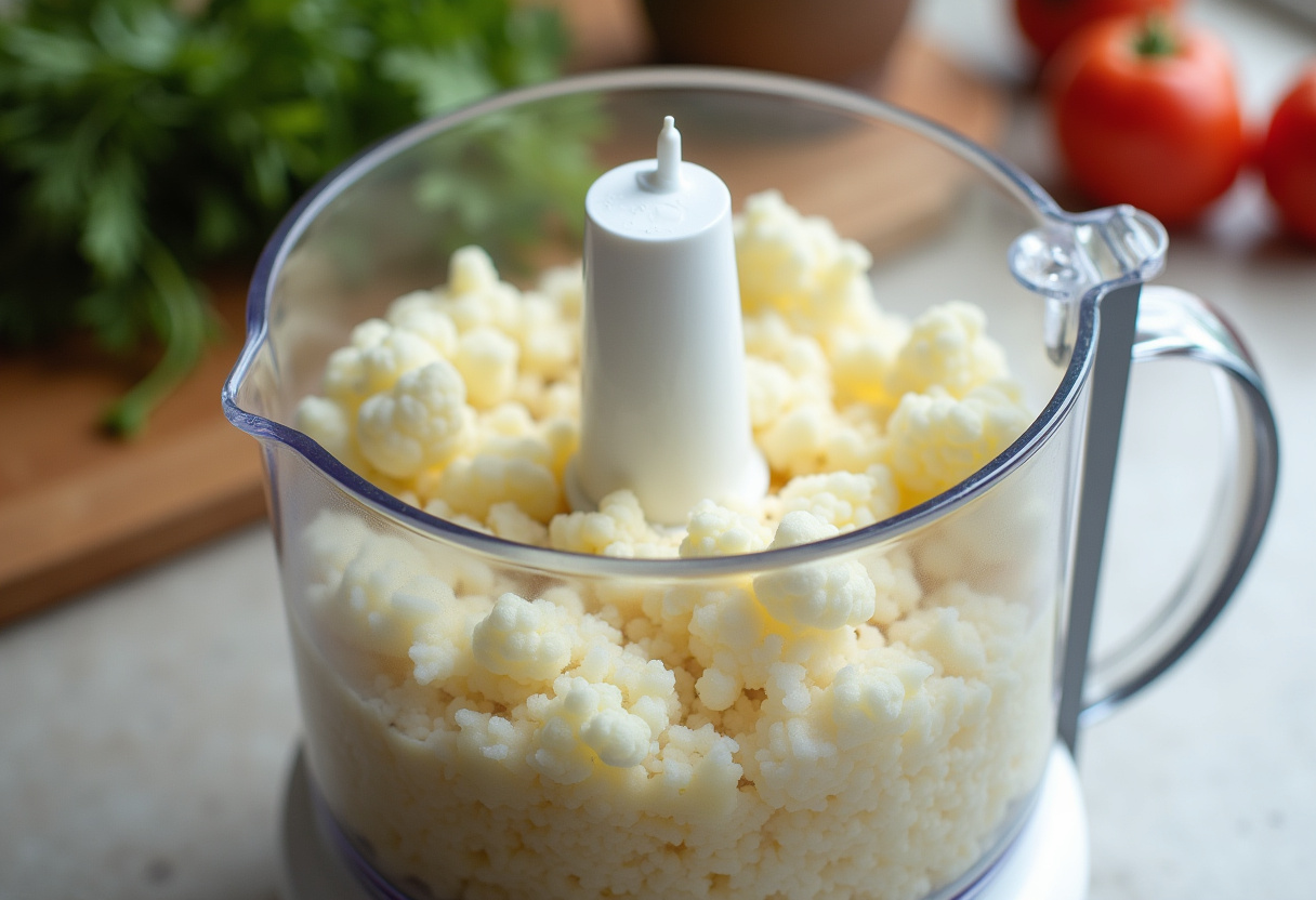 Preparation of cauliflower rice for bol poulet grillé, a repas healthy rapide.