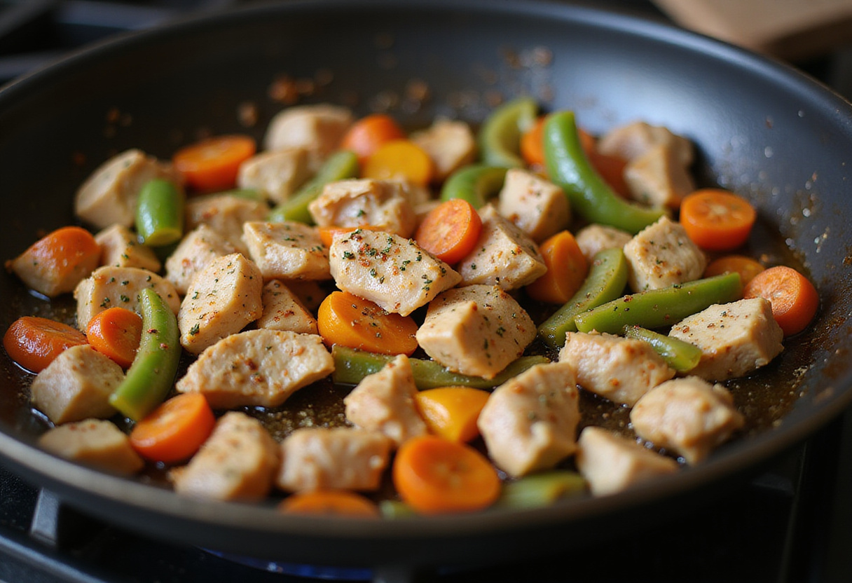 Cooking seasoned chicken and vegetables in a frying pan for a bol poulet grillé, part of a healthy meal.
