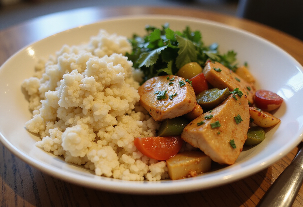 Combining cauliflower rice with grilled chicken and vegetables for a healthy and quick meal.
