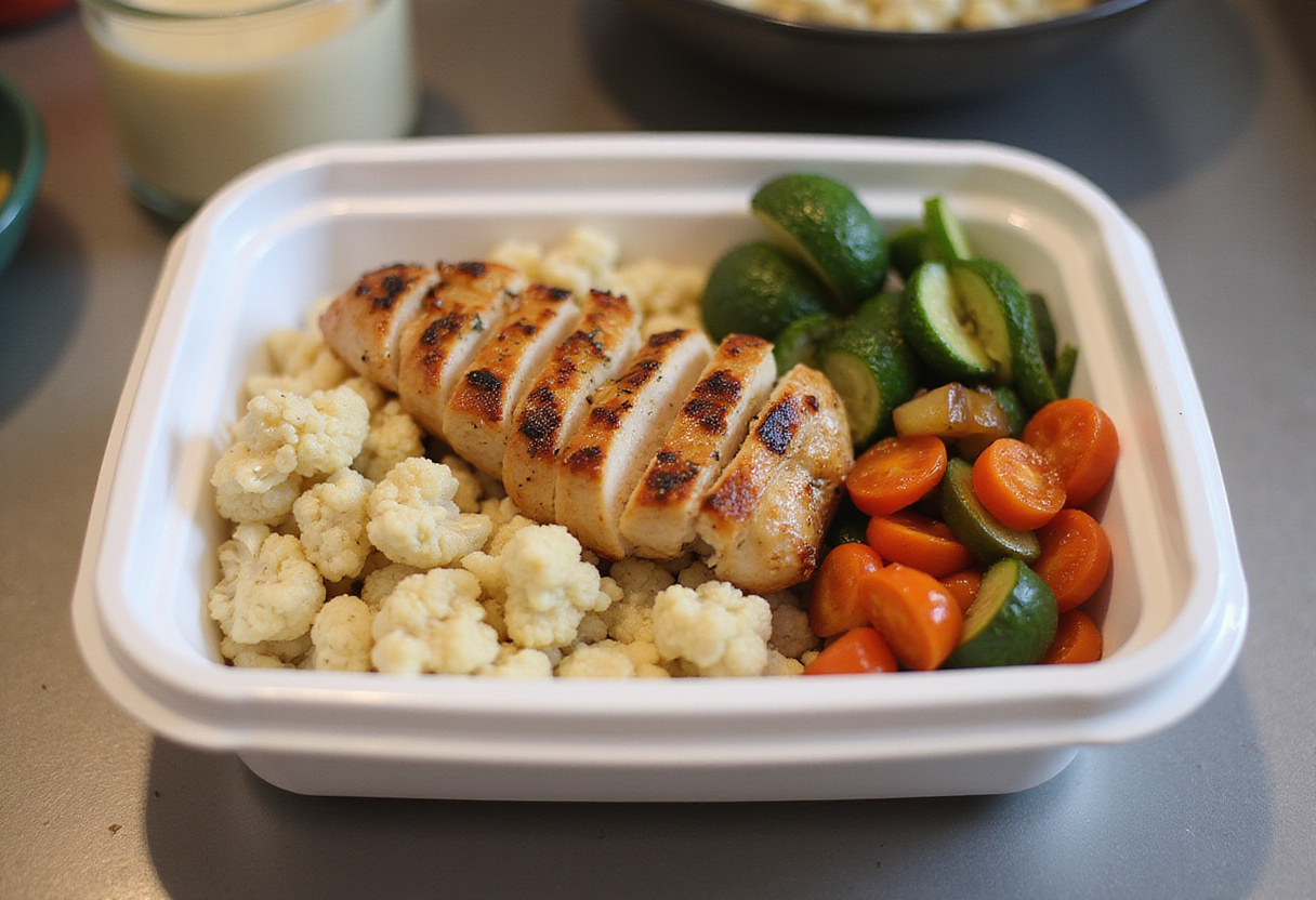 Healthy meal prep with bol poulet grillé, riz de chou-fleur, and légumes in a container.