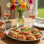 Elegant presentation of Bouchées toastées feta & tomate cerise amuses bouches, perfect for entertaining guests.