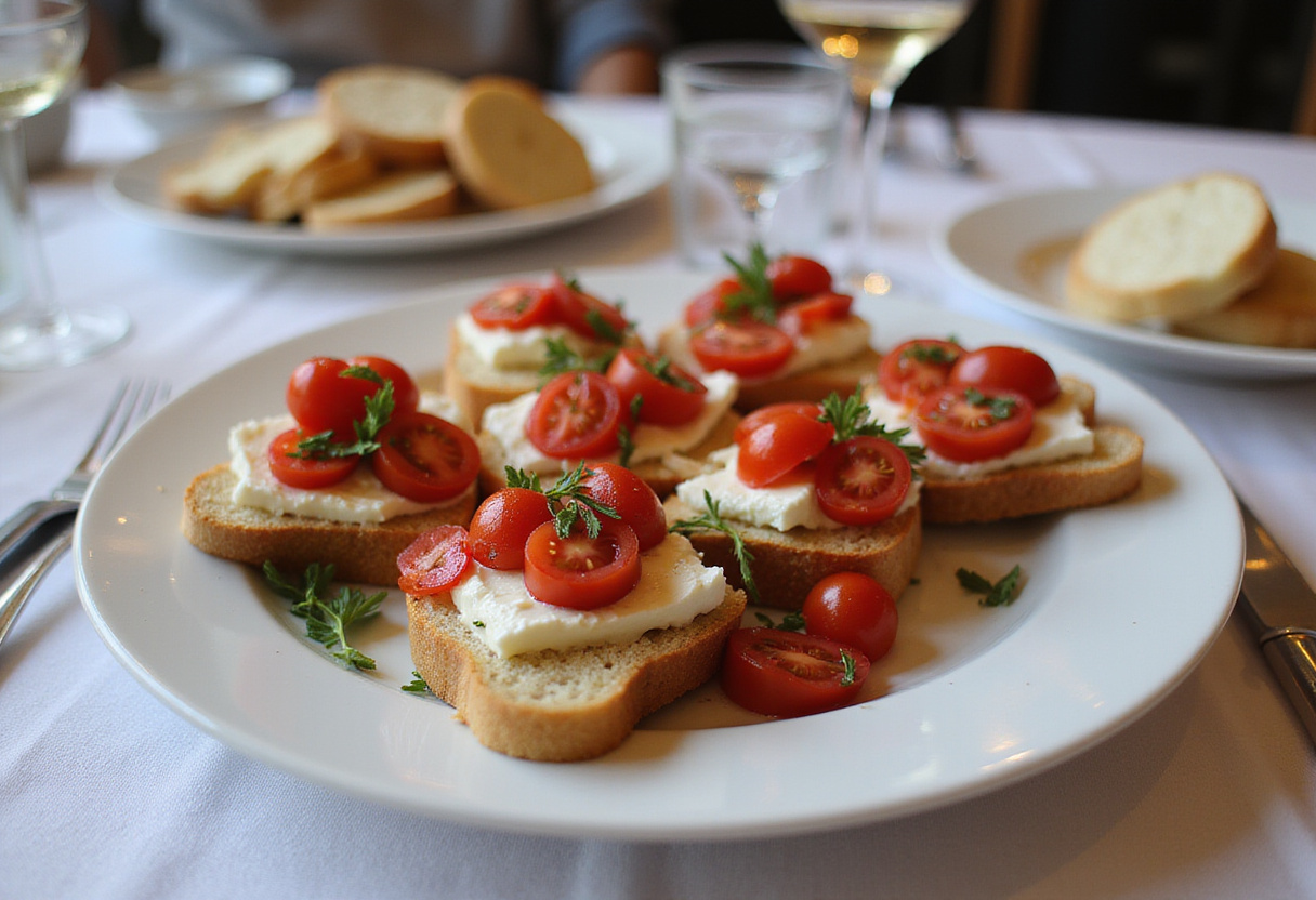 Présentation élégante de Bouchées toastées feta & tomate cerise amuses bouches, parfaites pour recevoir vos invités.