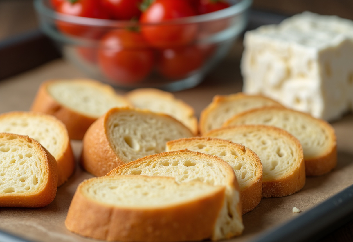 Tranches de baguette préparées pour être toastées, idéales pour la confection de Bouchées toastées avec feta et tomate cerise amuses bouches.
