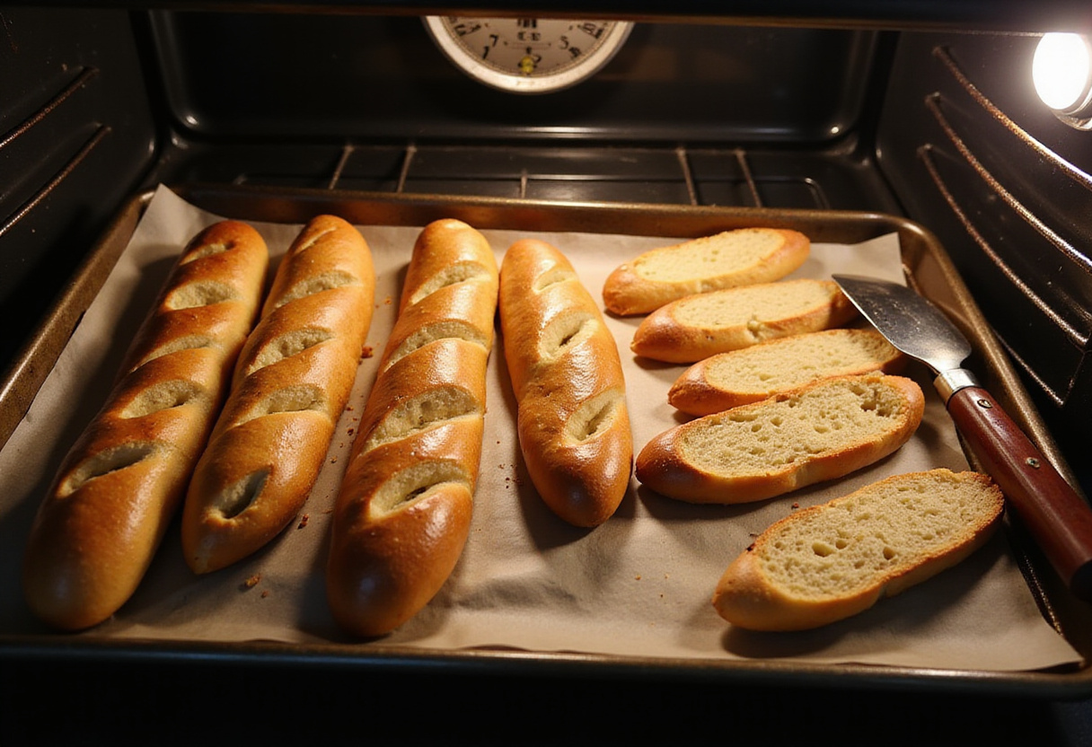 Tranches de baguette en train de toaster au four, une étape clé dans la préparation des bouchées toastées feta & tomate cerise amuses bouches.