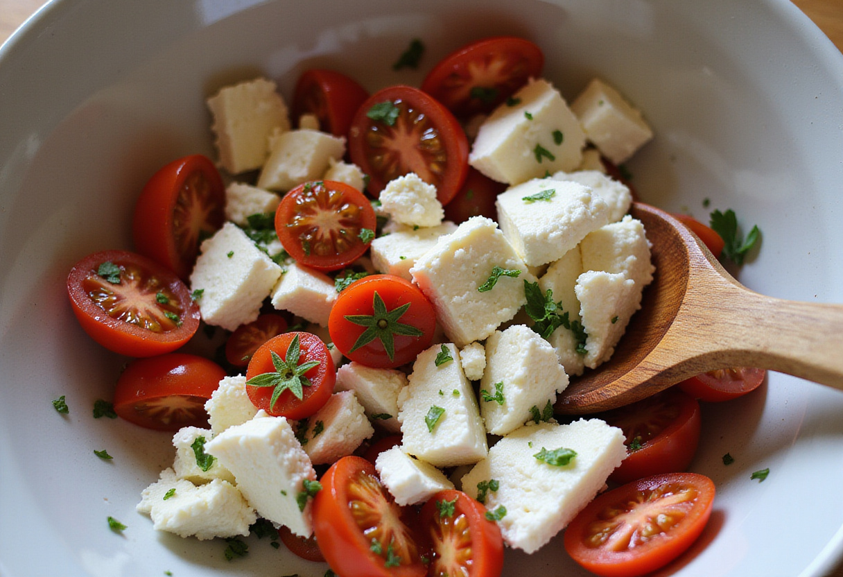 Émiettement de la feta et mélange avec des tomates cerises pour une garniture savoureuse pour les bouchées toastées amuses bouches.