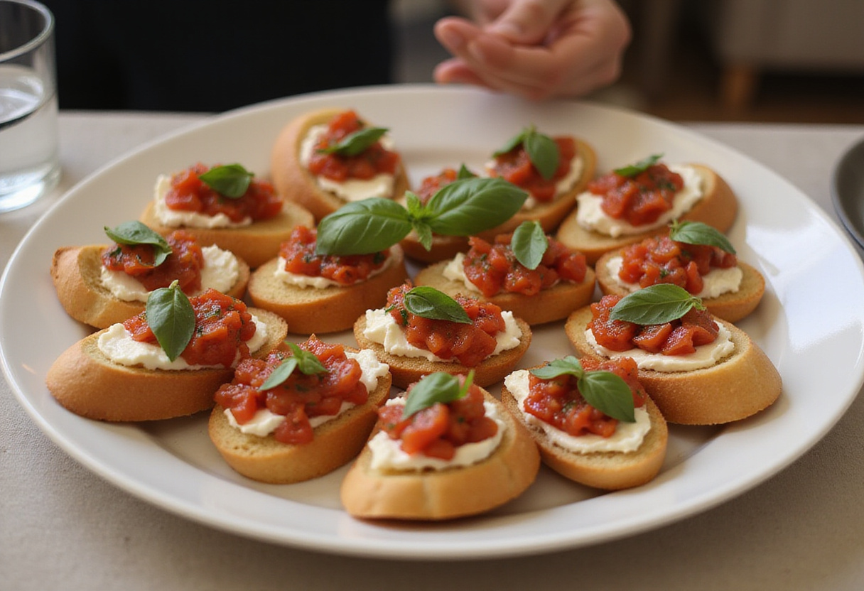 Tranches de baguette toastées avec une garniture de feta et de tomates disposées sur un plat pour servir des amuses bouches.
