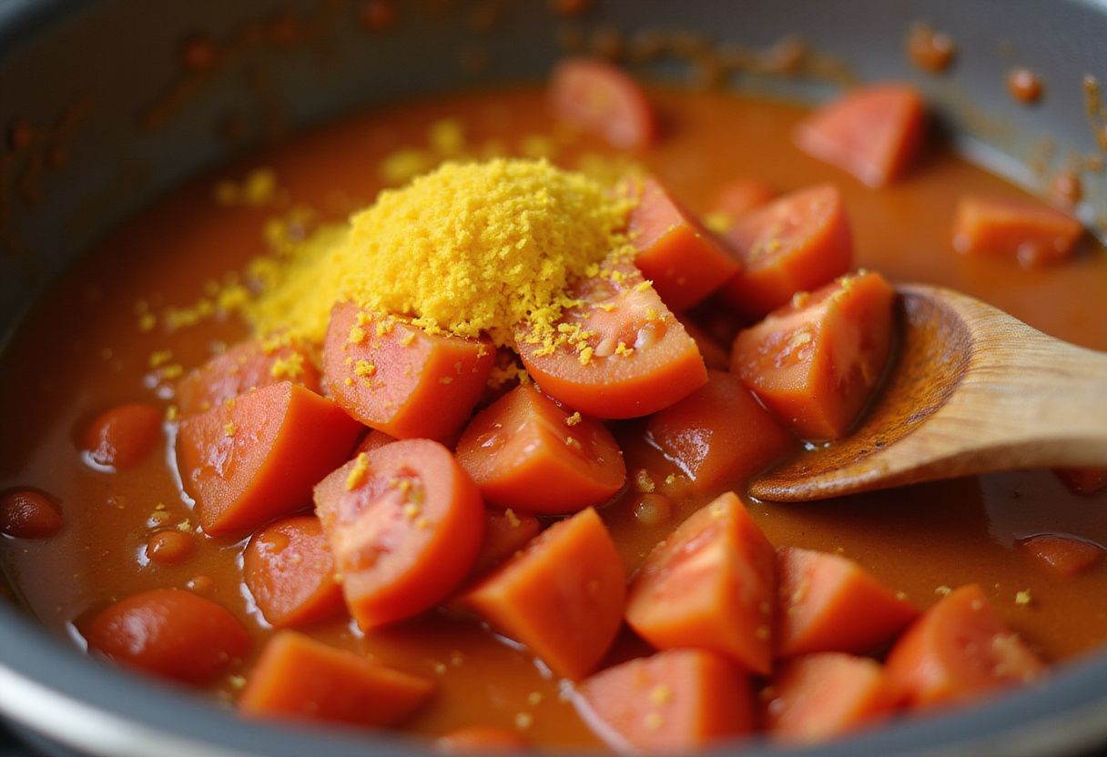 Ajout de tomates en dés et de safran pour la recette de bouillabaisse authentique.