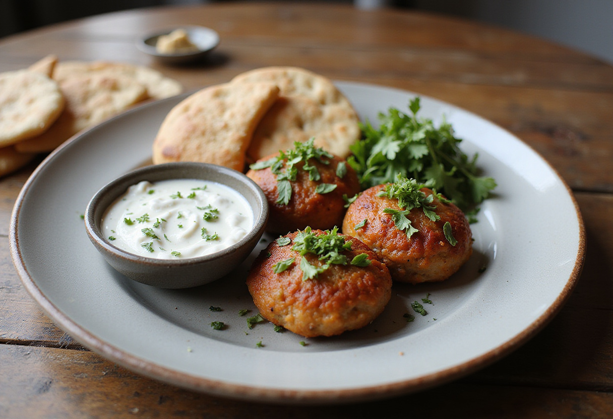 Serving of Boulettes grecques with tzatziki sauce, perfect for a Mediterranean meal.