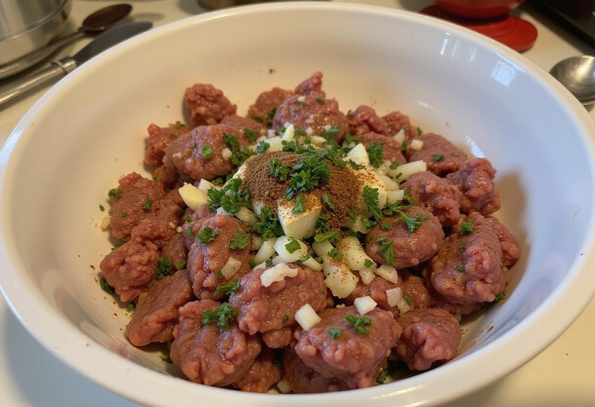 Preparation of Boulettes grecques with ground meat and spices in a bowl.