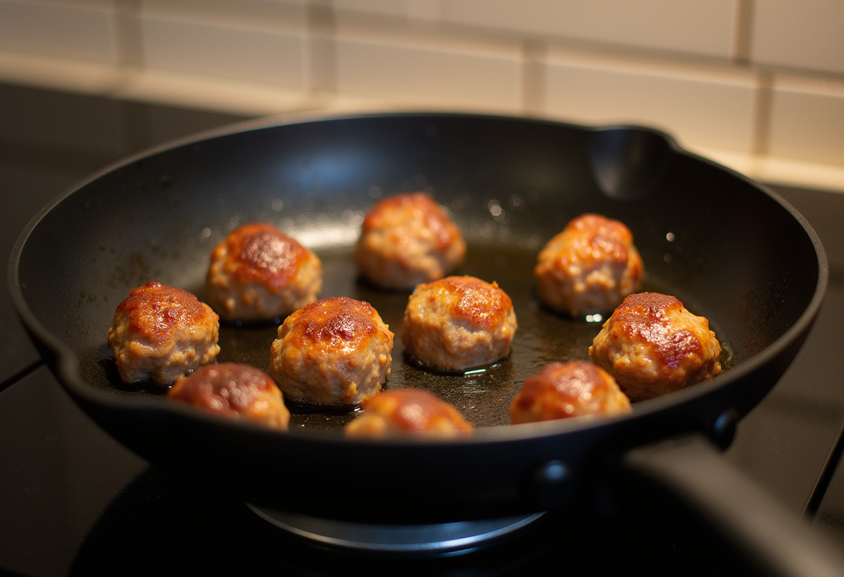 Cooking Boulettes grecques in a pan, showcasing the Mediterranean flavors being developed.