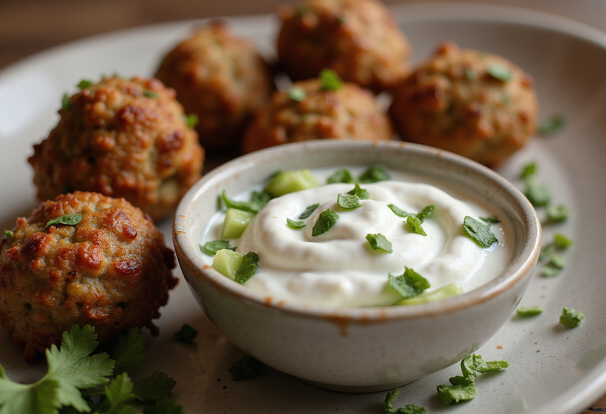 Delicious tzatziki sauce prepared for serving with Boulettes grecques.