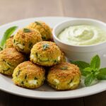 Boulettes de courgettes et feta dorées avec sauce curry menthe, parfaites pour un apéritif méditerranéen.