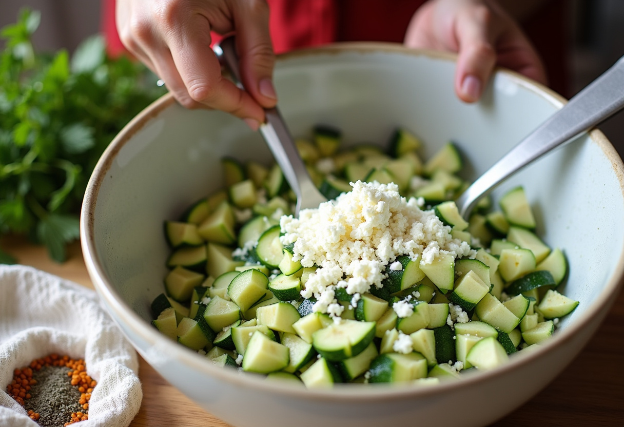 Mélange de courgettes râpées et feta dans un bol pour la recette des boulettes de courgettes.