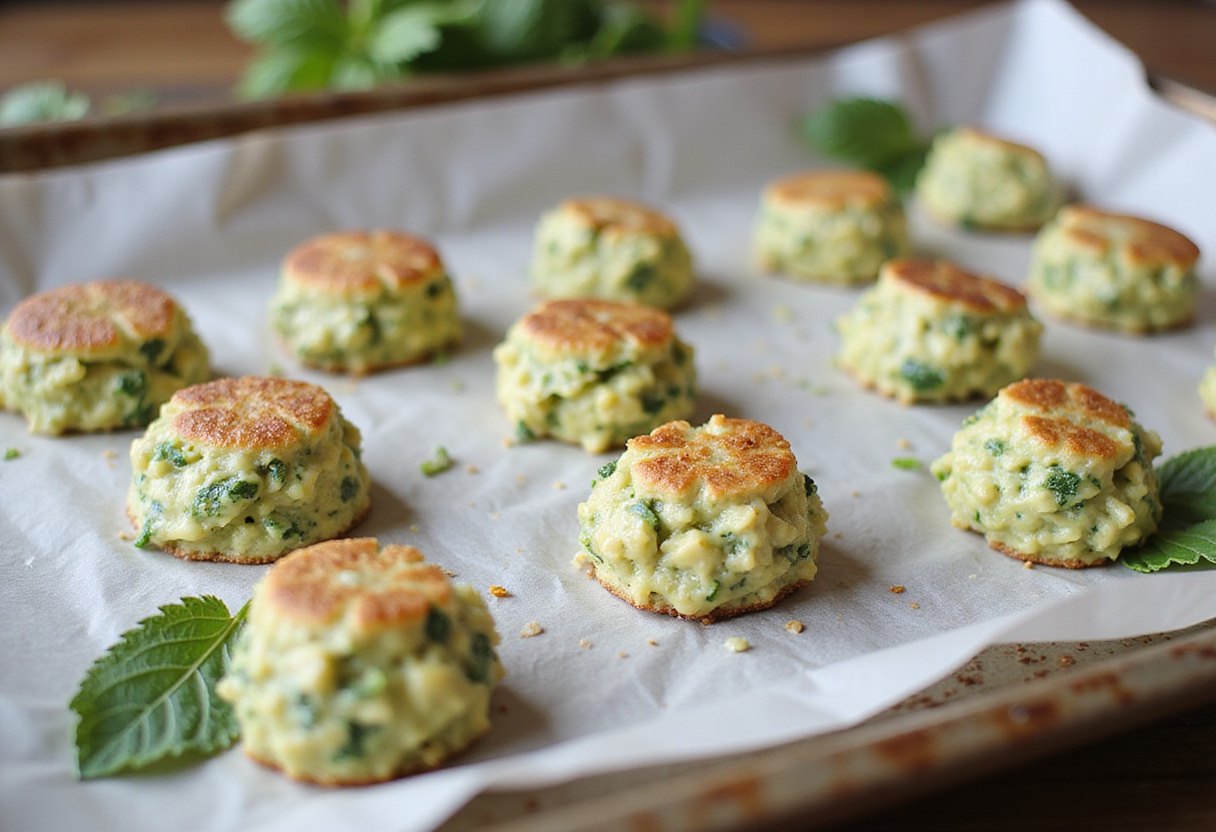 Boulettes de courgettes et feta prêtes à cuire sur une plaque à pâtisserie pour un plat végétarien.
