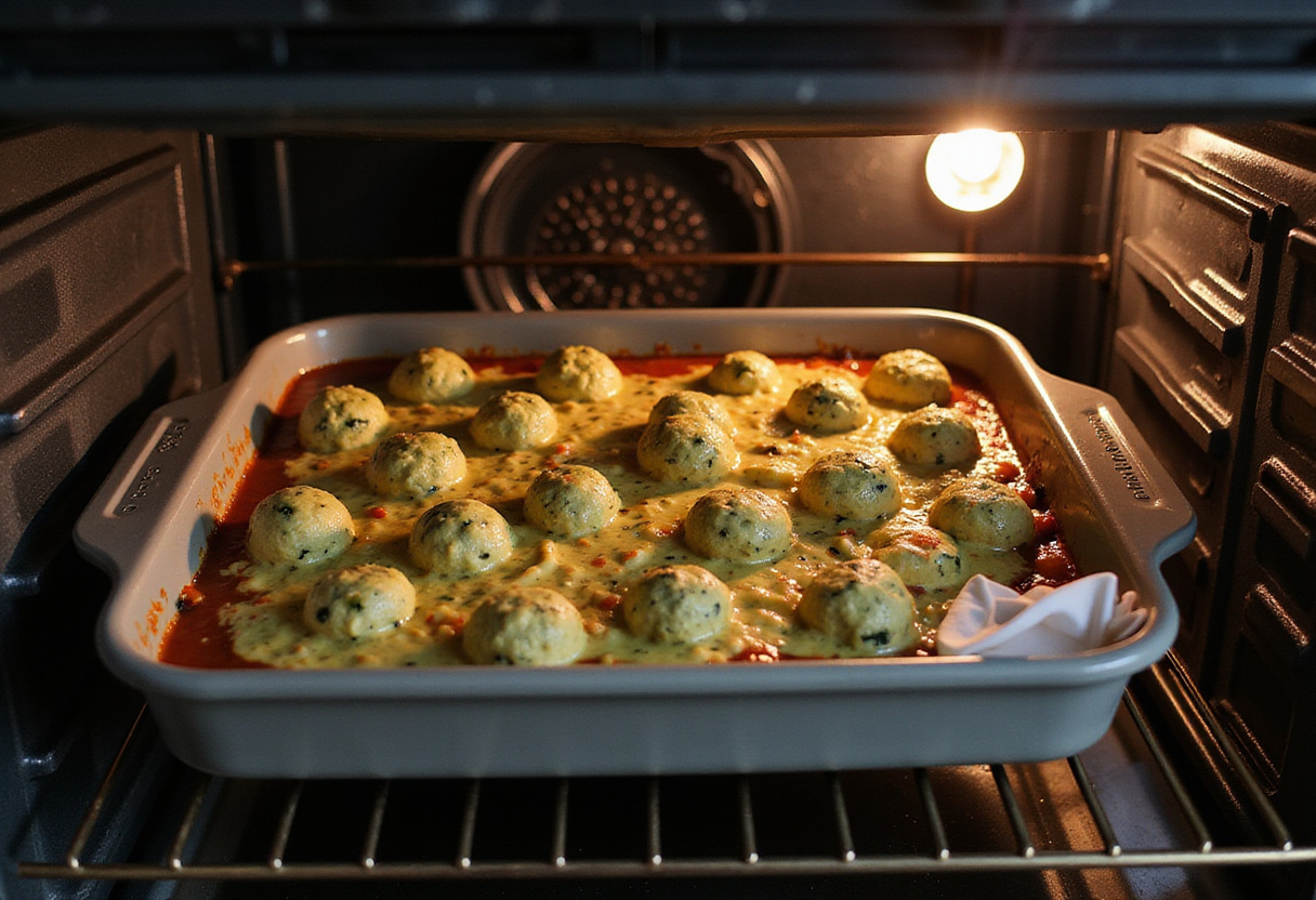 Plaque à pâtisserie avec boulettes de courgettes et feta étant mises au four pour la cuisson.