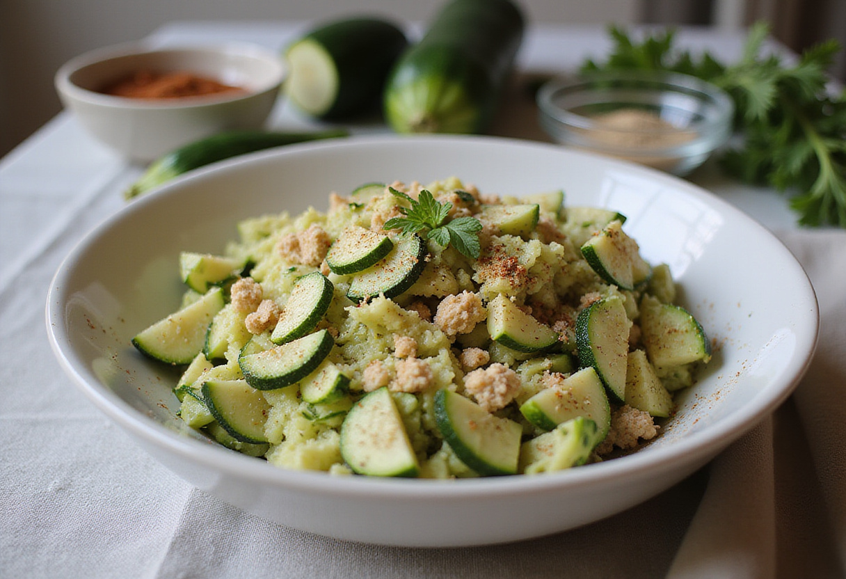 Grated zucchini mixed with breadcrumbs for boulettes de courgettes au four recipe.