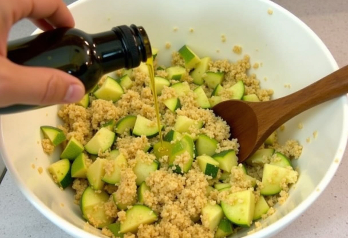Olive oil being added to the mixture for healthy boulettes de courgettes au four.