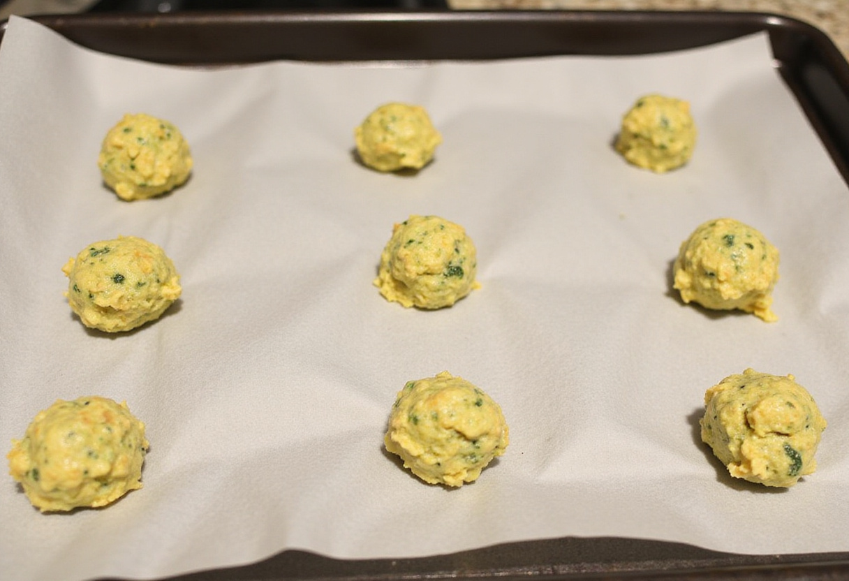 Unbaked zucchini balls on a baking sheet for a quick and healthy meal preparation.